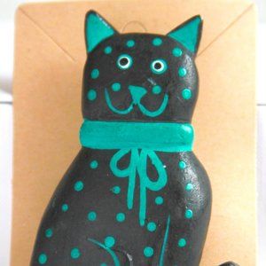 Black and Teal Hand-painted Cat Pin